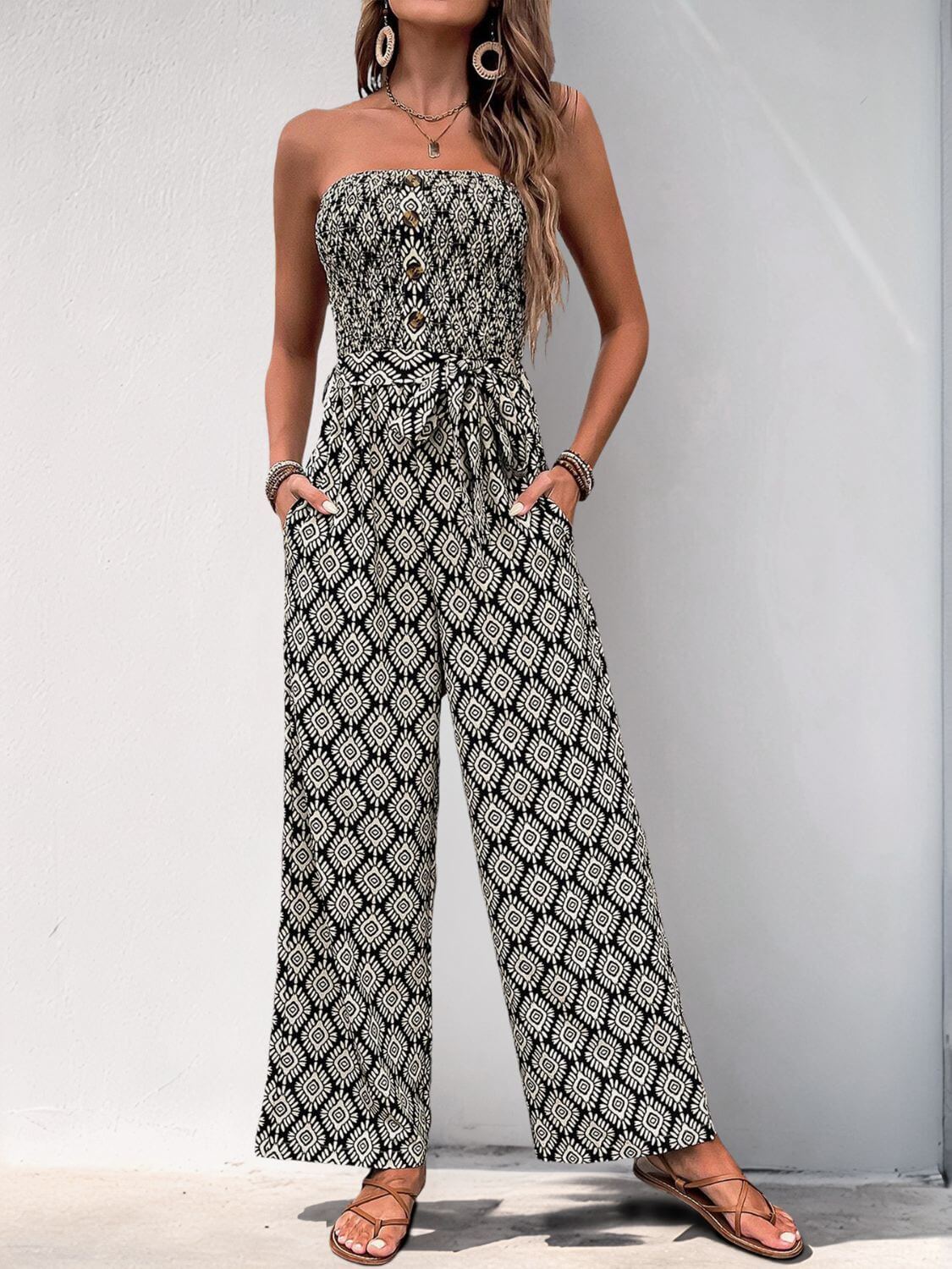 Printed Smocked Jumpsuit - Perfee Sleeveless Style
