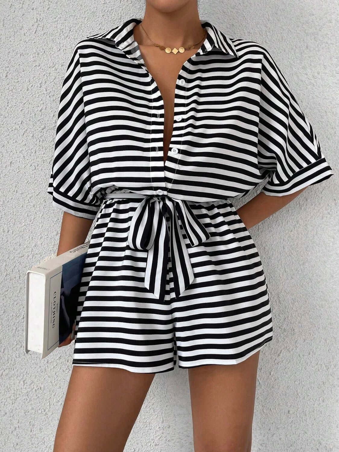 Tie Waist Half Button Striped Romper