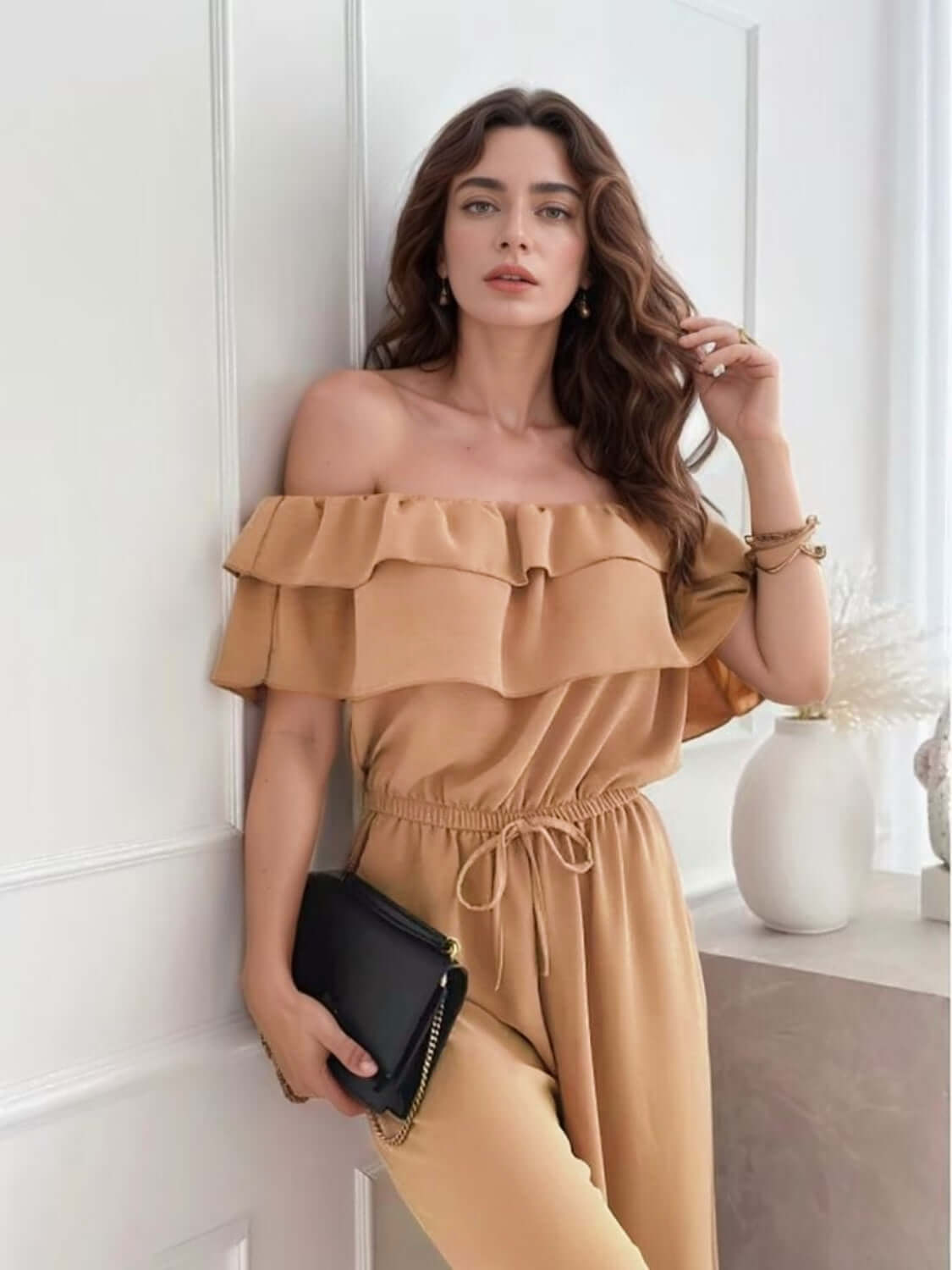 Ruffled Off-Shoulder Wide Leg Jumpsuit